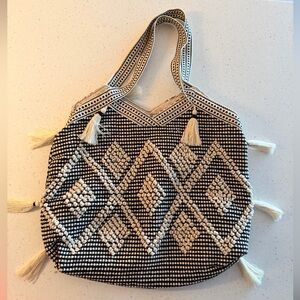 H&M Black and Cream Woven Tote with Tassel Accents